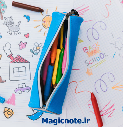 بهترین جامدادی دانش آموزی آبی با مداد رنگی و نقاشی کودک